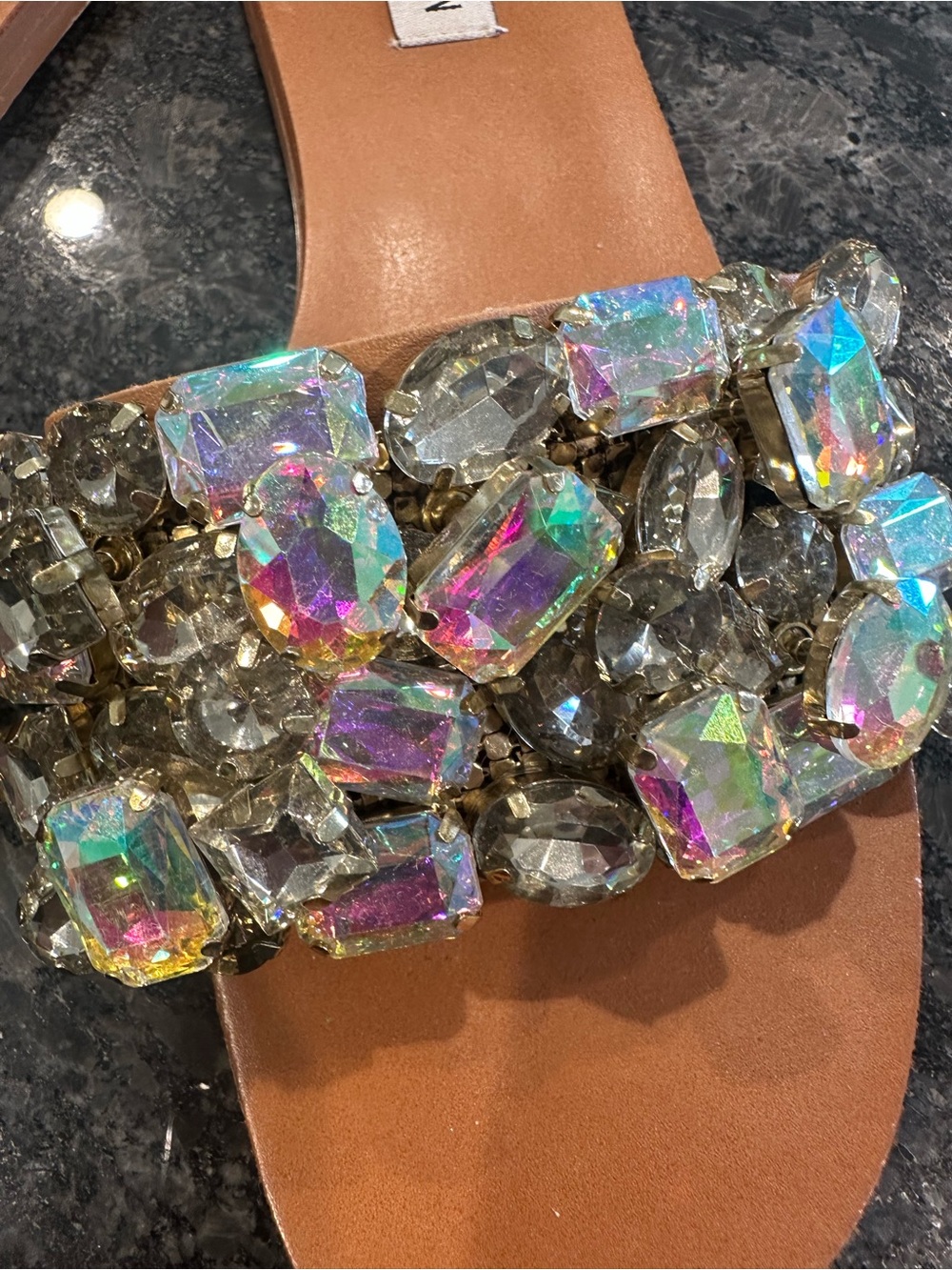 Steve Madden Tan Slide Sandals with Iridescent Gem Embellishments - Picture 2 of 4